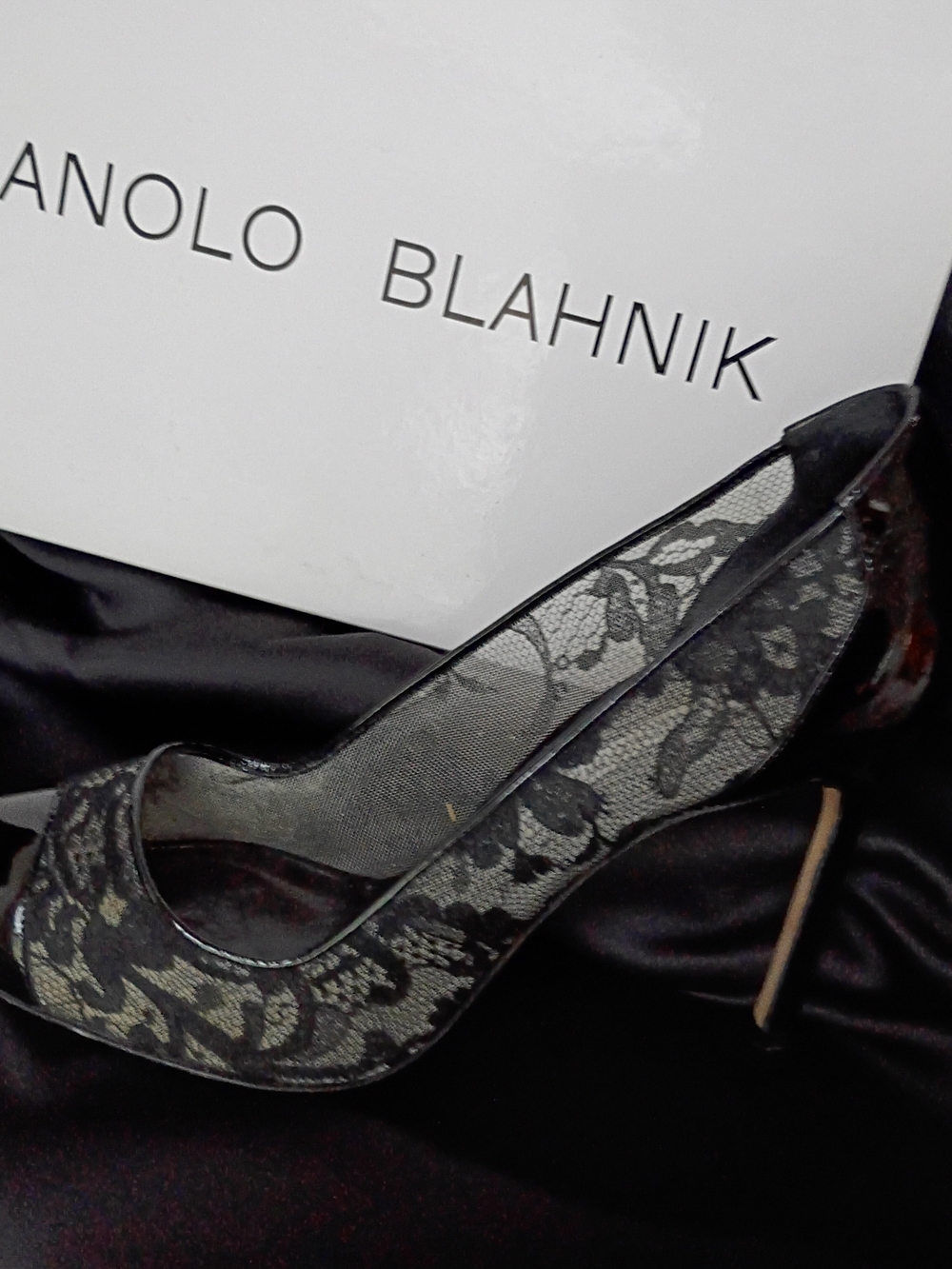 Manolo Blahnik Black Lace Peep-Toe Stiletto Pump